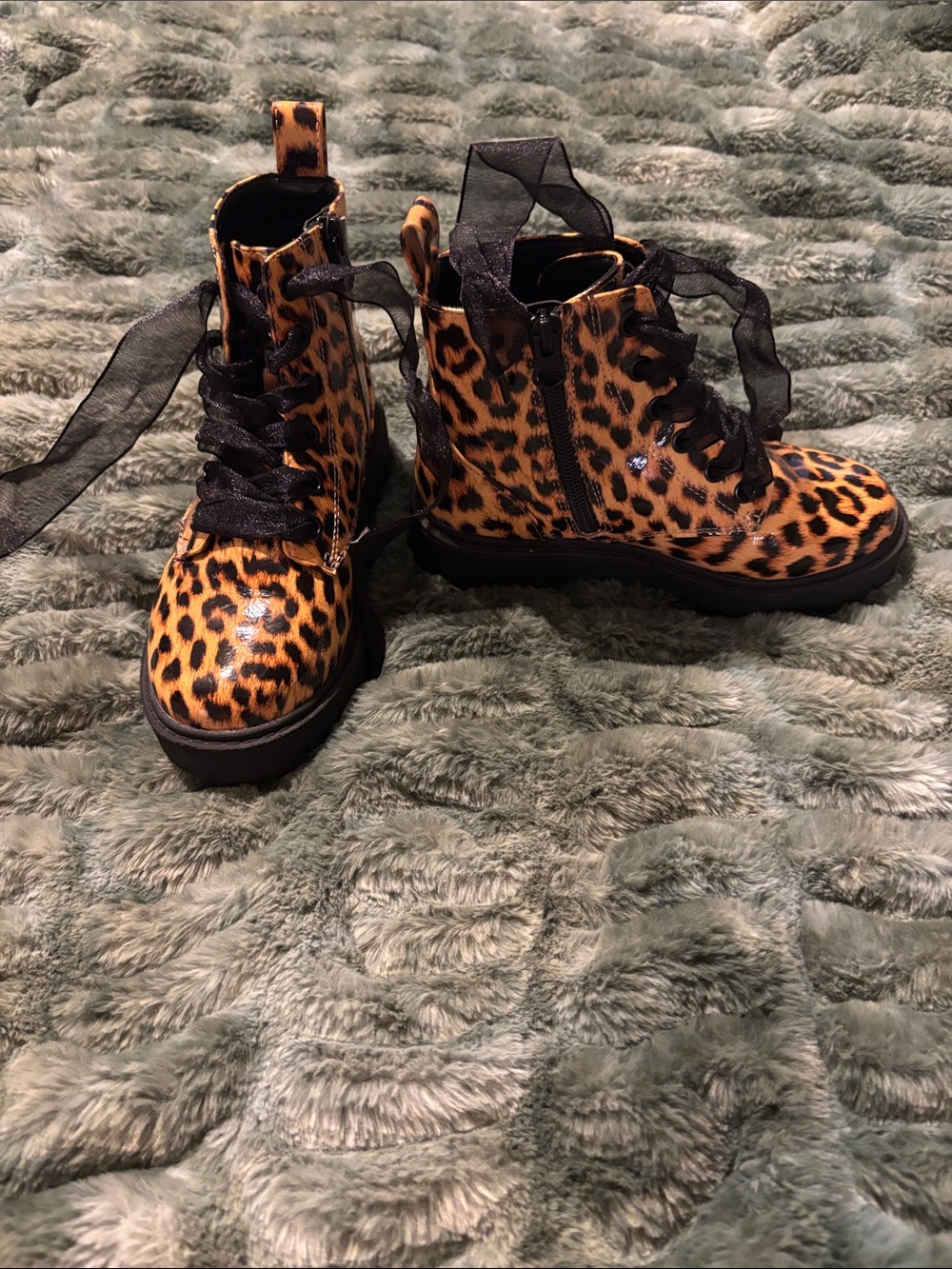 Cat & Jack Girls Leopard Print Combat Boots with Sheer Ribbon Laces